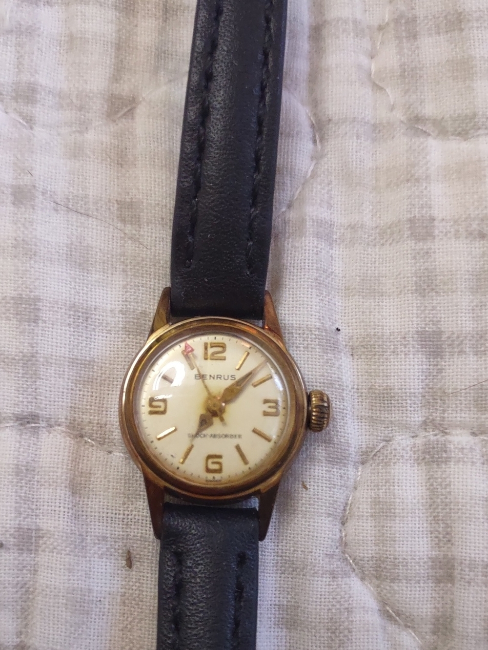 Benrus Vintage Rose Gold Plated Ladies Watch with Black Leather Strap